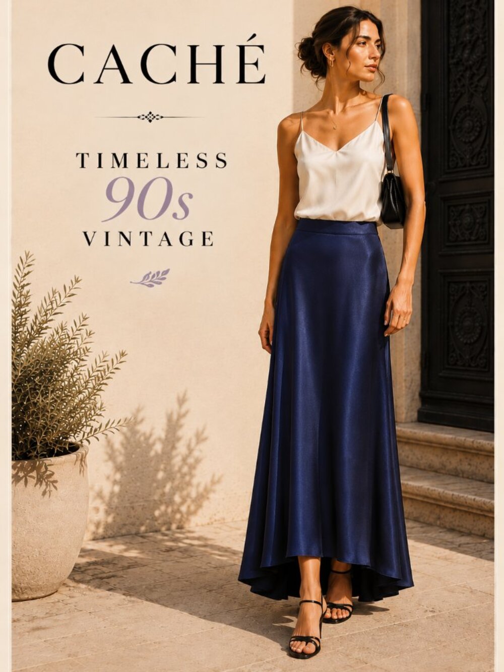 Cache Vintage Navy Blue A-Line High Low Maxi Skirt Satin Minimalist 90s Model S6
